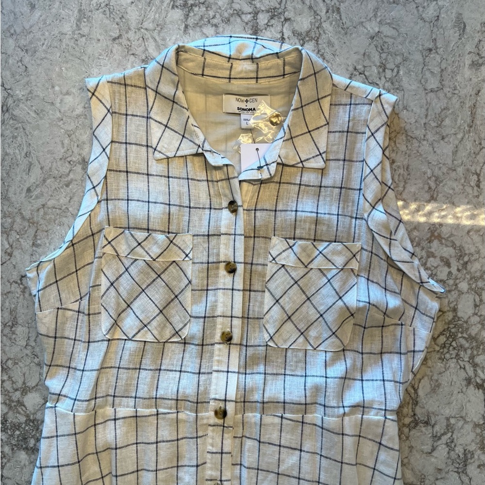Now + Gen by Sonoma NWT Cream Color Blue Plaid Short Sleeve Dress - Size Large